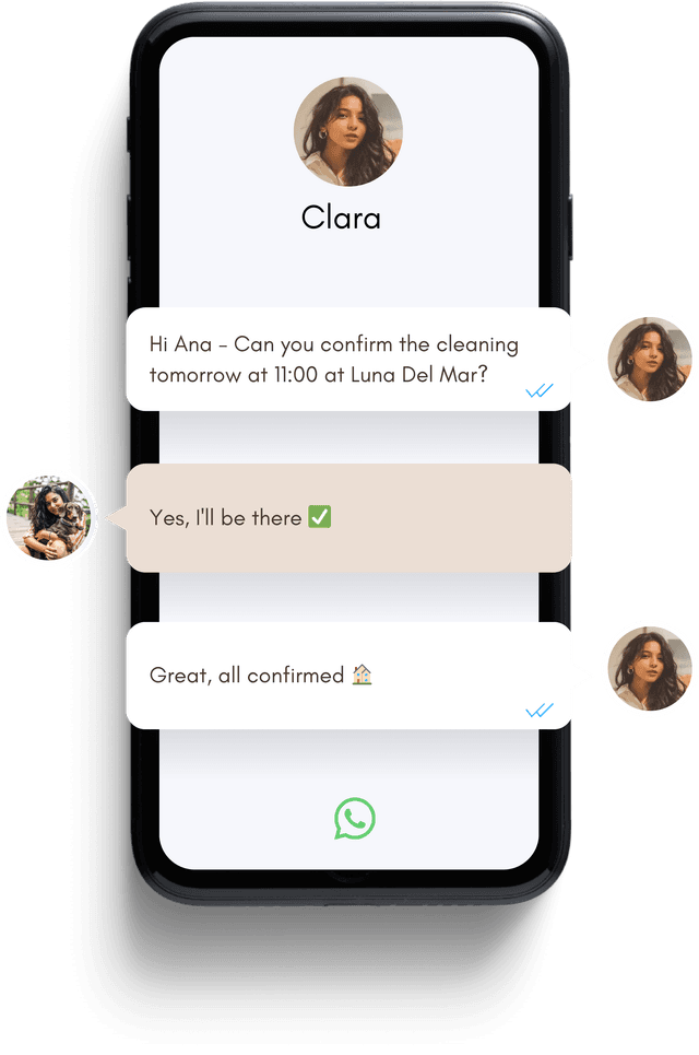 Clara coordinating a cleaning with Ana over WhatsApp